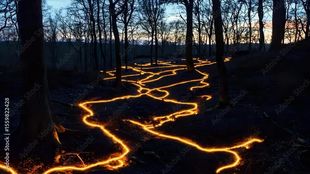 Poster a forest scene with glowing orange lines resembling lava or light paths winding through dark trees a