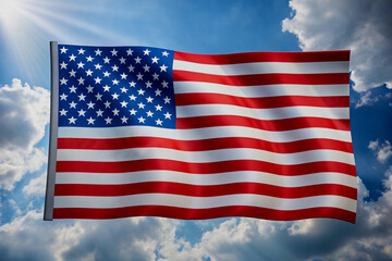 Obraz premium American flag waving in the wind against a bright blue cloudy sky