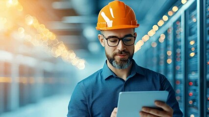 Engineer Technology Data Center Server Safety Orange Helmet Male Tablet Professional Modern Workplace, Confident Engineer Using Tablet Data Center Surrounded by Servers, Professional Male Technician