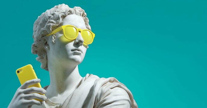 Ultrarealistic Greek statue with yellow sunglasses and phone against blue copyspace, blending modern retro futurism with striking realism.

