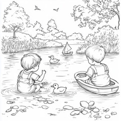 Black & white outlines of a day at the pond with children feeding ducks, catching frogs, and sailing toy boats, nature coloring page for children generative ai