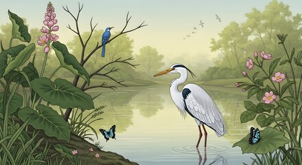 Naklejka premium Illustration of heron bird wildlife nature scene with blue bird butterflies and water plants