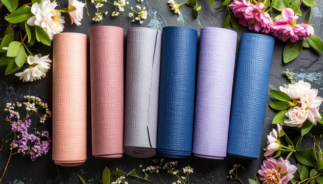 Dynamic flat lay of diverse variety of yoga mats on slate background with rich bright hues