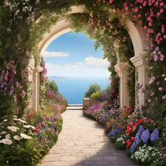 Fototapeta premium A picturesque footpath winding under a stunning archway of blooming flowers and lush greenery, creating a serene and enchanting garden atmosphere.