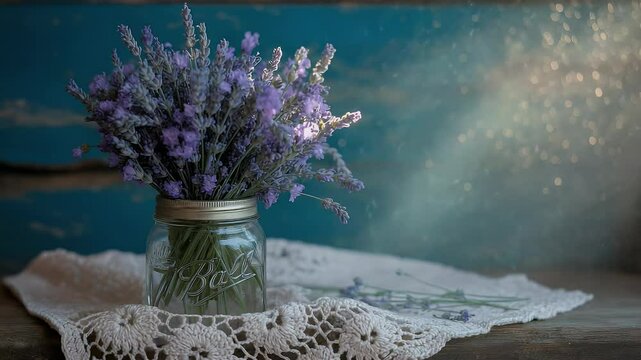 Lavender bouquet in glass jar on lace doily soft lighting teal background