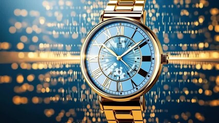 Luxury gold wristwatch with blue dial, roman numeral markers, intricate mechanical design, elegant metal band, sophisticated timepiece for men, modern technology, timeless and luxury style