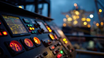 A closeup view of a hightech control panel on the LNG shore terminal displaying realtime data on the bunkering process with illuminated gauges and buttons while the silhouette of the