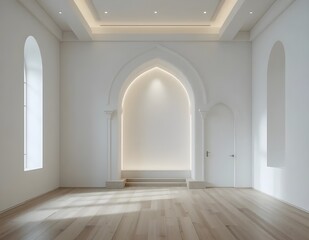 Minimalist architecture showcases a serene interior with arches, white walls, and a wood floor, offering clean, modern design.