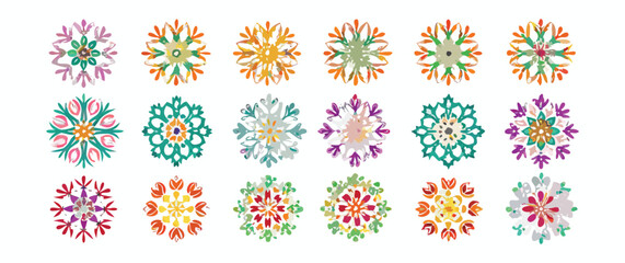 Vector art of a collection of eighteen colorful snowflake mandalas, isolated on white background.