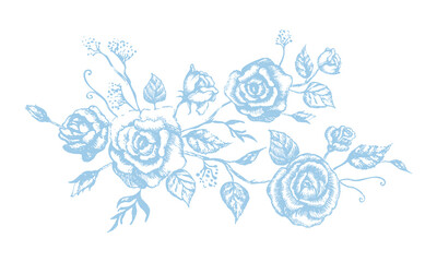 French vintage roses and leaves in blue color. Toile de jouy illustration for greeting, baby shower, wedding,  birthday, invitation cards, sticker. Vector isolated