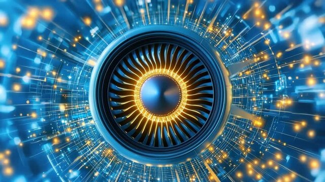 Futuristic turbine engine with glowing blue and orange digital lights, abstract technology background, innovation and energy concept, dynamic and powerful visual effect, modern design, engineering