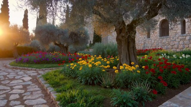 Church of all nations garden blooming with colorful flowers at sunset