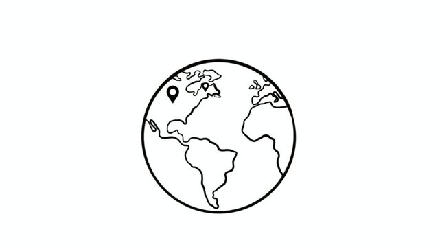 Video with the black and white planet Earth. Earth with geolocation, the place where the object or living creature is located. Geolocation, geolocation icon that appears or jumps out on the planet