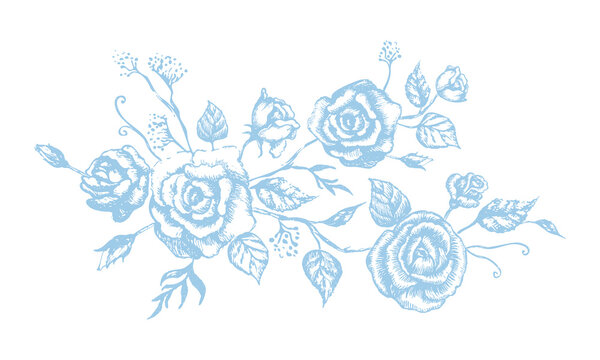 French vintage roses and leaves in blue color. Toile de jouy illustration for greeting, baby shower, wedding,  birthday, invitation cards, sticker. Vector isolated - Powered by Adobe