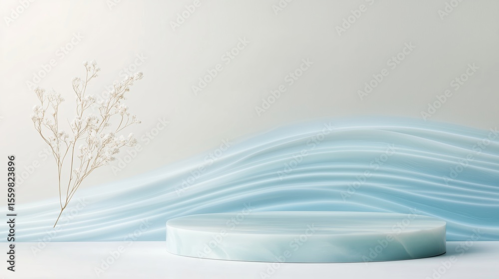 Poster elegant display with blue waves and delicate dried flowers in a minimalist setting