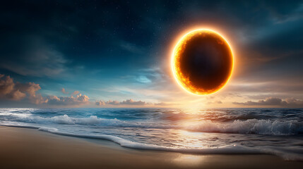 Spectacular solar eclipse over tranquil beach nature photography serene seascape dusk lighting celestial phenomenon