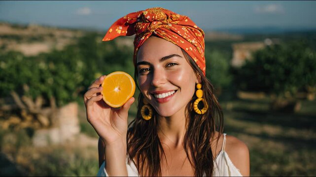 Beautiful woman in nature in summer with a cut orange in her hand