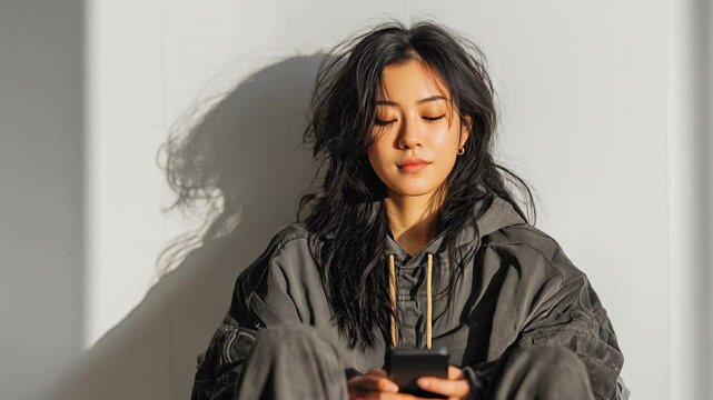 Asian woman on her phone. She is sitting against a light wall.