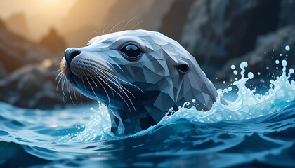 Obraz premium Geometric artwork features a seal swimming in vibrant blue water with a blurred nature background, showcasing wildlife art.
