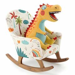 A fun 3D cartoon-style T-Rex rocker toy, isolated on white, with exaggerated features and vibrant colors, perfect for playful and imaginative scenes.