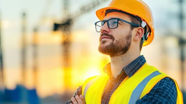 Confident male construction worker wearing safety helmet and reflective vest stands outdoors construction site during sunset, looking thoughtful and determined, focused future project success with