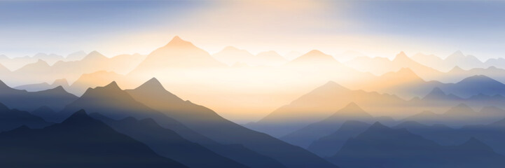 Fototapeta premium Sunset in the mountains, panoramic view, gradient of ridges in fog, vector illustration