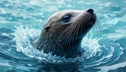 Fototapeta premium Sea lion emerges from the blue ocean water, an illustration with geometric shapes in a cool, modern artistic style