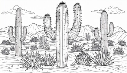 Elegant line drawing of a desert cactus in southwestern style with black and white design