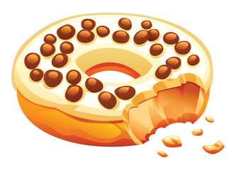 Delicious donut with vanilla icing and chocolate chips, with a bite taken out, crumbs falling from it. Vector cartoon illustration