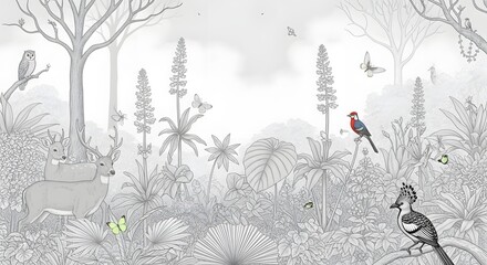 Illustration of forest wildlife with deer owl and birds in black and white jungle wallpaper