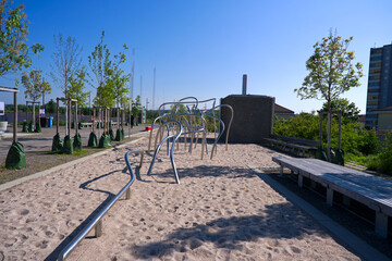 Scenic view of public park named Ueberlandpark with playground on a sunny spring morning. Photo...