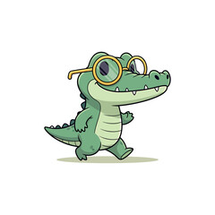 Cute cartoon crocodile character wearing glasses and smiling in a playful pose. Vector Illustration
