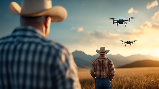 Drone technology in agriculture a farmer monitors crops with drones in a scenic field innovative farming aerial view rural landscape