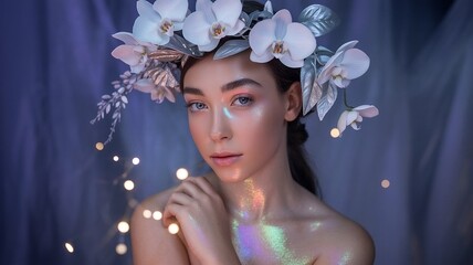 Beautiful Woman with Colorful Flower Crown Glowing Skin