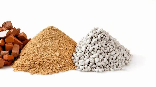 Three types of building materials: reddish-brown clay bricks, light brown sand or soil, and white expanded aggregate or perlite.
