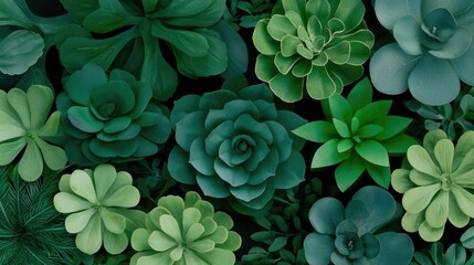 Vibrant Arrangement of Green Foliage and Succulents Symbolizing Nature s Verdant Beauty  Lush flourishing greenery with various shapes and textures of leaves and plants creating a fresh natural