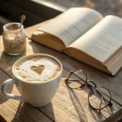 Cozy Morning Scene with Coffee, Book, and Glasses Serene Still Life on Rustic Wooden Table in Soft Sunlight
