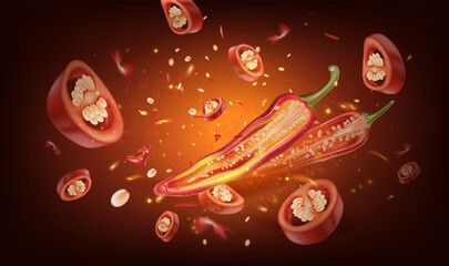 Chili pepper with chili slice of pieces splashing elements ads isolated on white background, Vector realistic in 3D illustration.