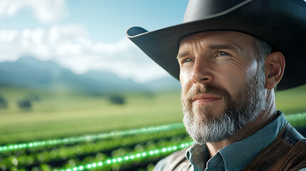 Rancher overseeing crop fields rural landscape portrait photography bright day close-up agricultural lifestyle