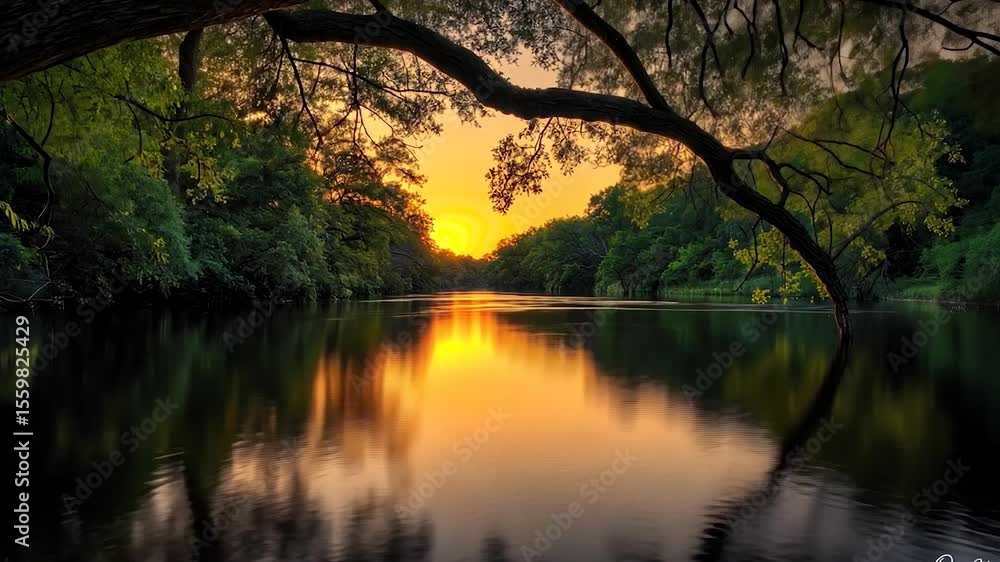 Poster sunset over a river with trees