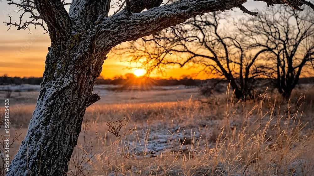 Poster sunrise over a frosty field with trees