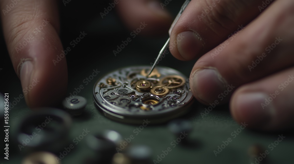 Poster intricate craftsmanship in watchmaking reveals delicate gears and components during an expert assemb