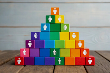 Obraz premium Colorful wooden blocks arranged in pyramid representing teamwork and human resources concept