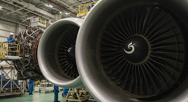 Aircraft Engine Maintenance: Close-Up of Turbine Assembly and Servicing, Inspecting Jet Engines: Technicians Working on Aircraft Power Units in Factory Setting - Powered by Adobe