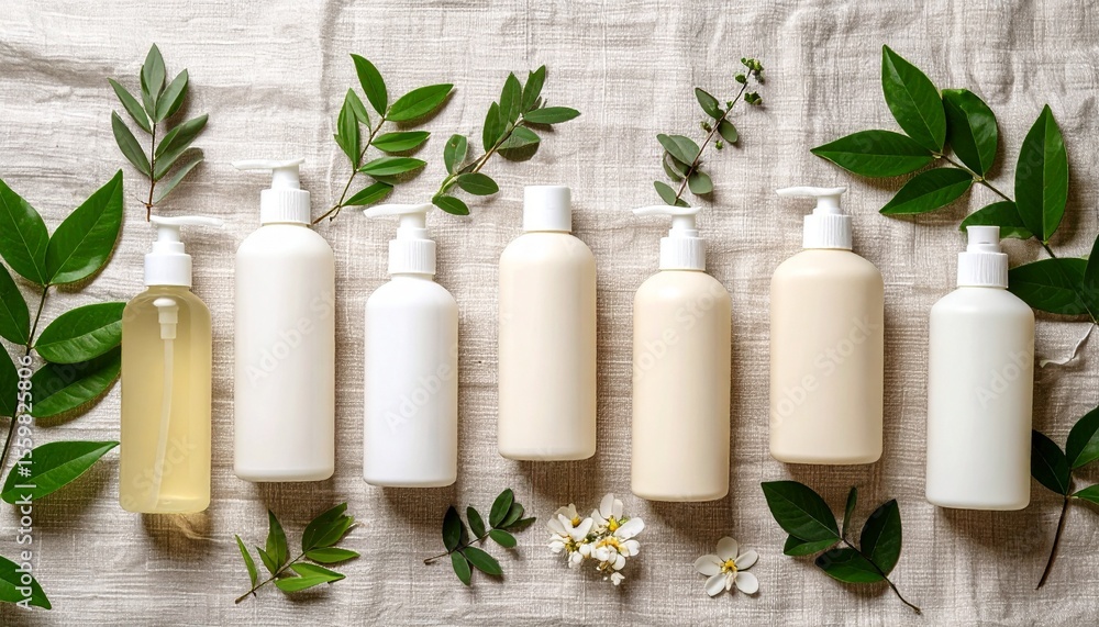 Poster soft pastel flat lay of liquid bottles on canvas background with gentle color palette