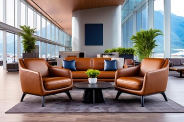 A large room with two brown leather chairs and a coffee table