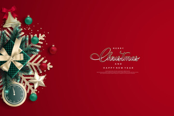 Christmas decorations with tree ornaments and snowflakes on a red background.