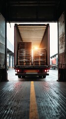 Truck trailer being loaded with stacked pallets inside a distribution center illuminated by warm industrial light ideal for last mile delivery, warehouse logistics and shipping operations visuals
