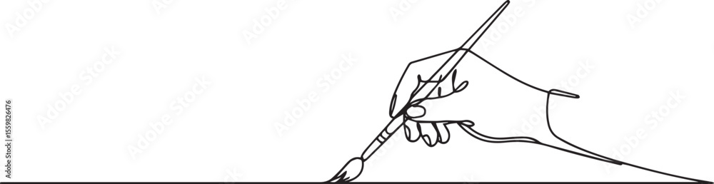 Poster continuous line drawing of a hand holding a paintbrush with tip touching surface in artistic black a