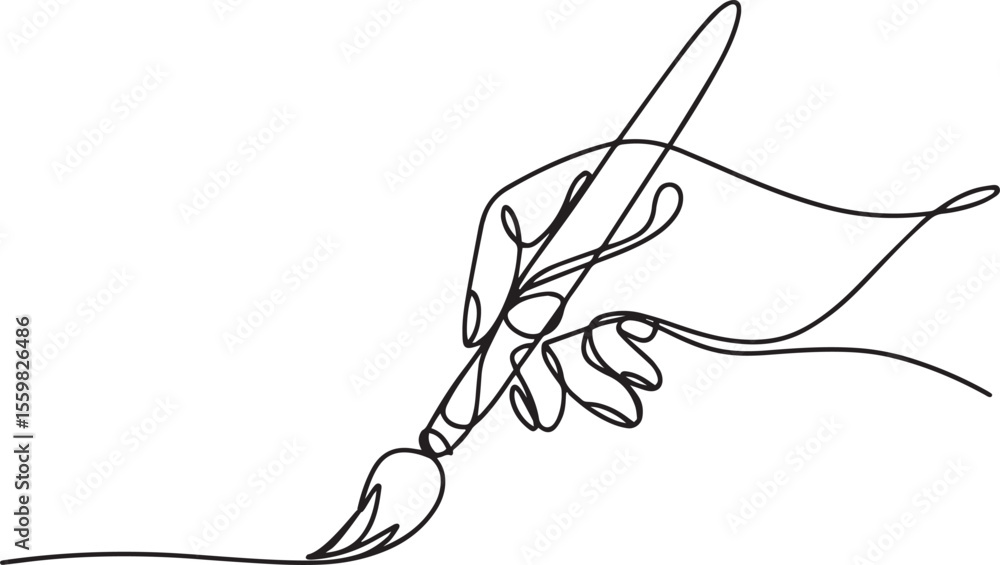 Poster continuous line drawing of a hand holding a paintbrush with tip touching surface in artistic black a